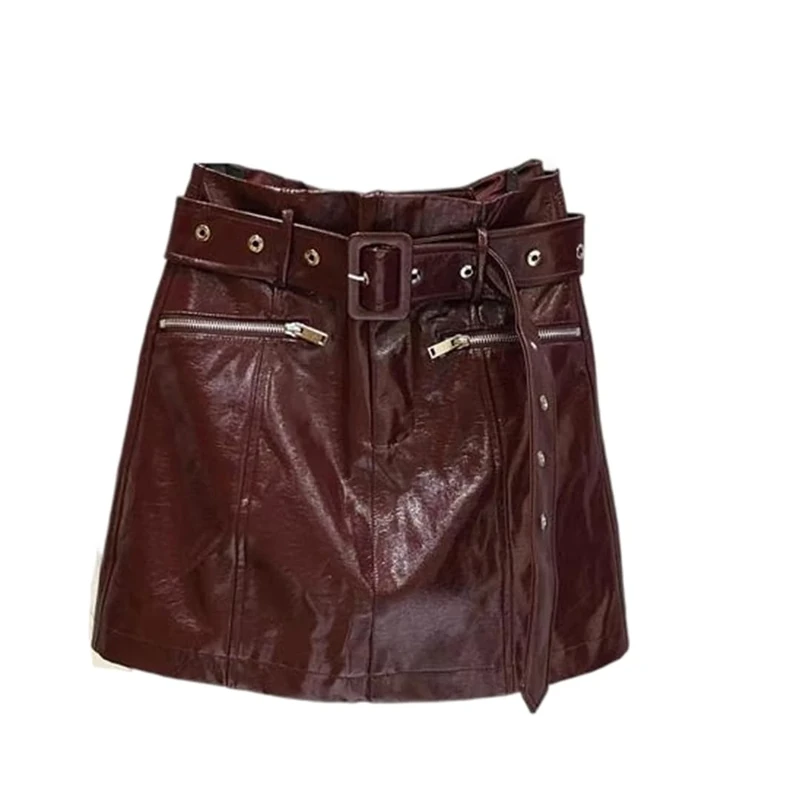 Women Genuine Leather Skirt with Belt Zipper Mini Skirts Spring Fall Burgundy
