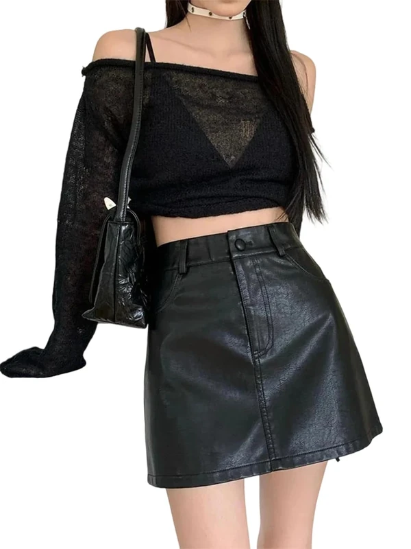 Women Genuine Leather Skirt A-Line Bodycon Mini Skirts Fall Winter Vintage Style Black