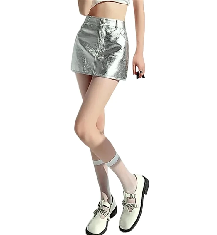 Women Genuine Leather Mini Skirt Short Metallic Hip-Wrapping Spring Fall Skirts Silver
