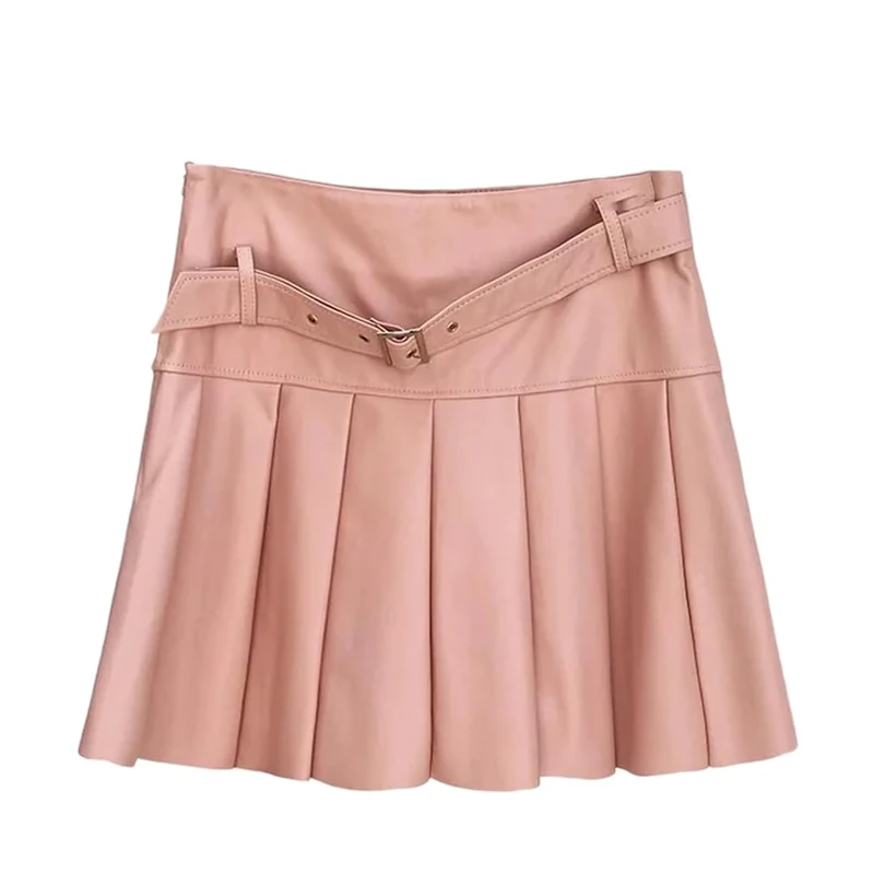 Women's Genuine Leather High Waisted Pleated Skirts Slim Fitting Belted Mini Sheepskin Skirt