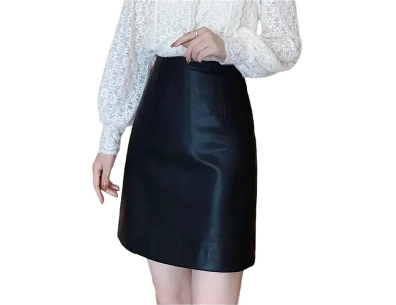 Women Genuine Leather Skirt Vintage Mini Solid A-Line Skirts Spring Fall Black