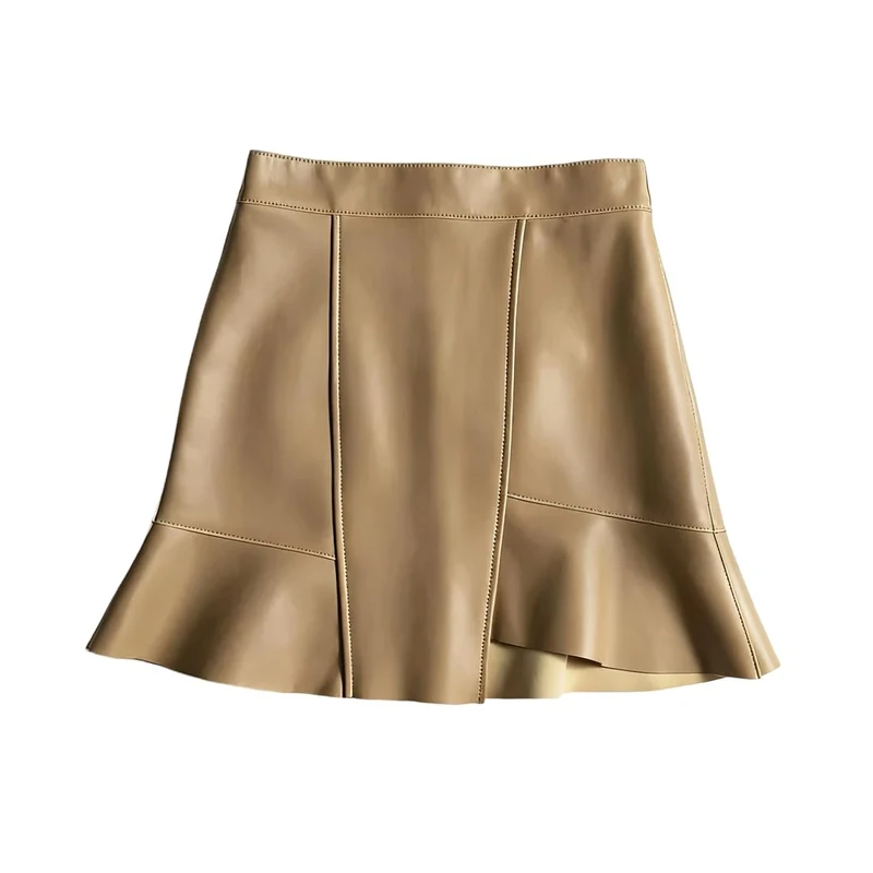 Women Mini Fishtail Skirt Genuine Leather High-Waisted Short Mini Skirts Khaki