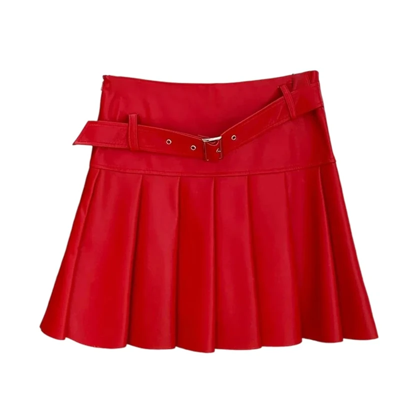 Women's Genuine Leather High Waisted Pleated Skirts Slim Fitting Belted Mini Sheepskin Skirt Red