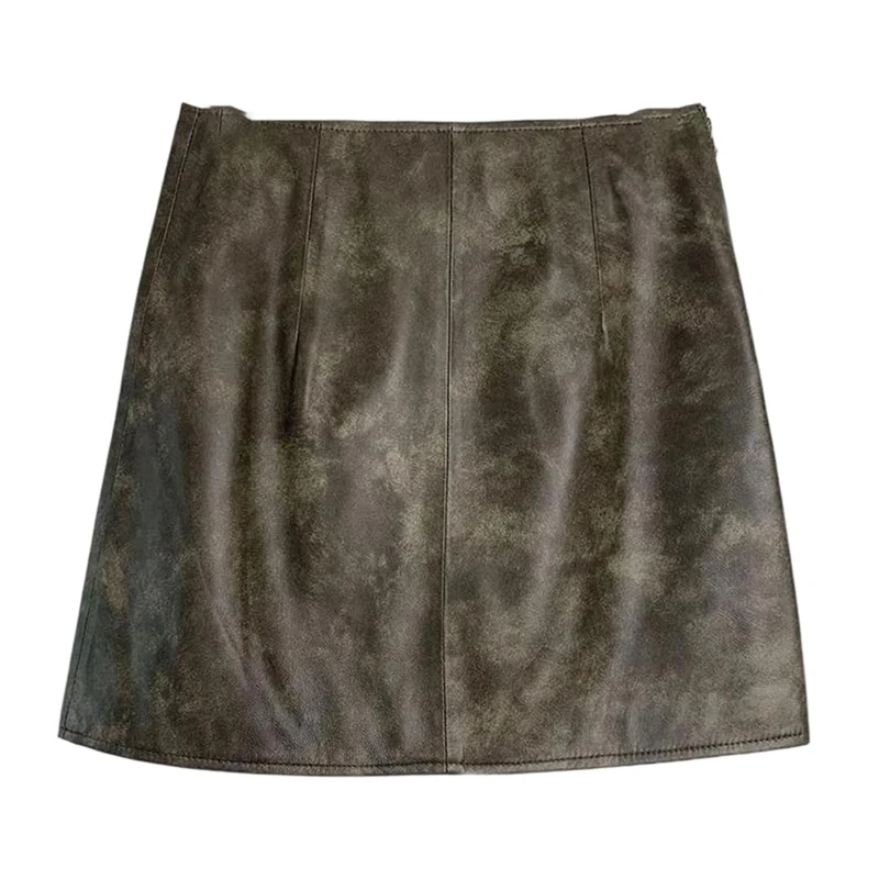 Women's Sexy Leather Skirts Fall Style Retro High Waisted Sheepskin Mini Skirt with Slim Fit