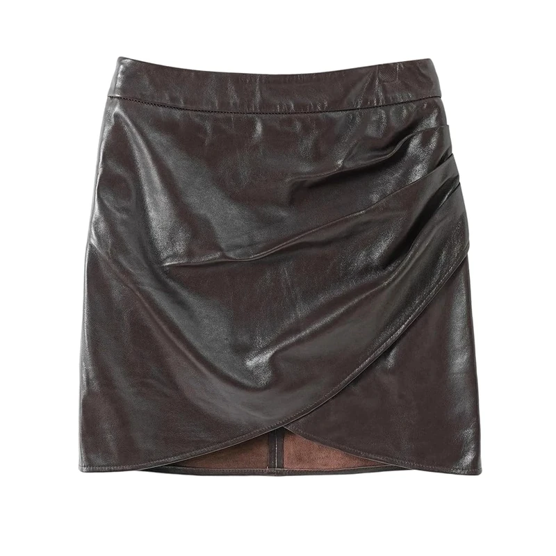 Women Genuine Leather Pleated Front Mini Skirt Sexy Hip-Wrap Skirts Dark Brown