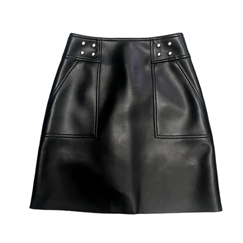 Women Genuine Leather Mini Skirt High Waist Back Zipper Pocket Skirts Fall Black