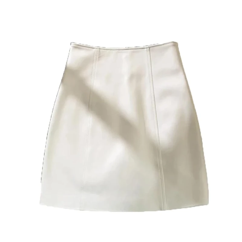 Women Solid Genuine Leather Skirt Mini A-Line Skirts Spring Fall White