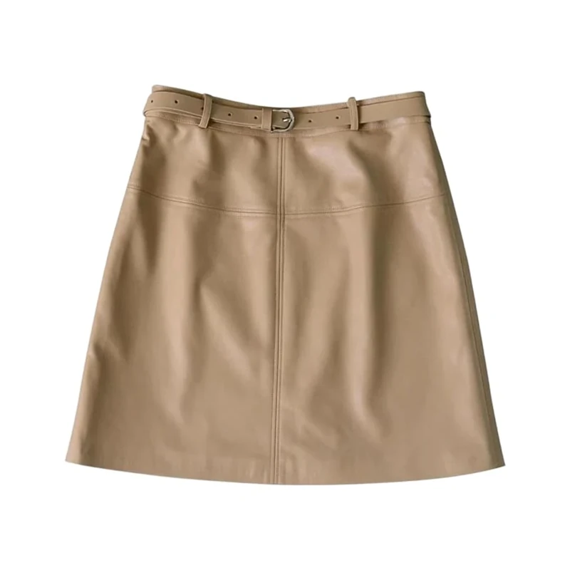 Women Genuine Leather Skirt Mini with Belt Skirts Fall Winter