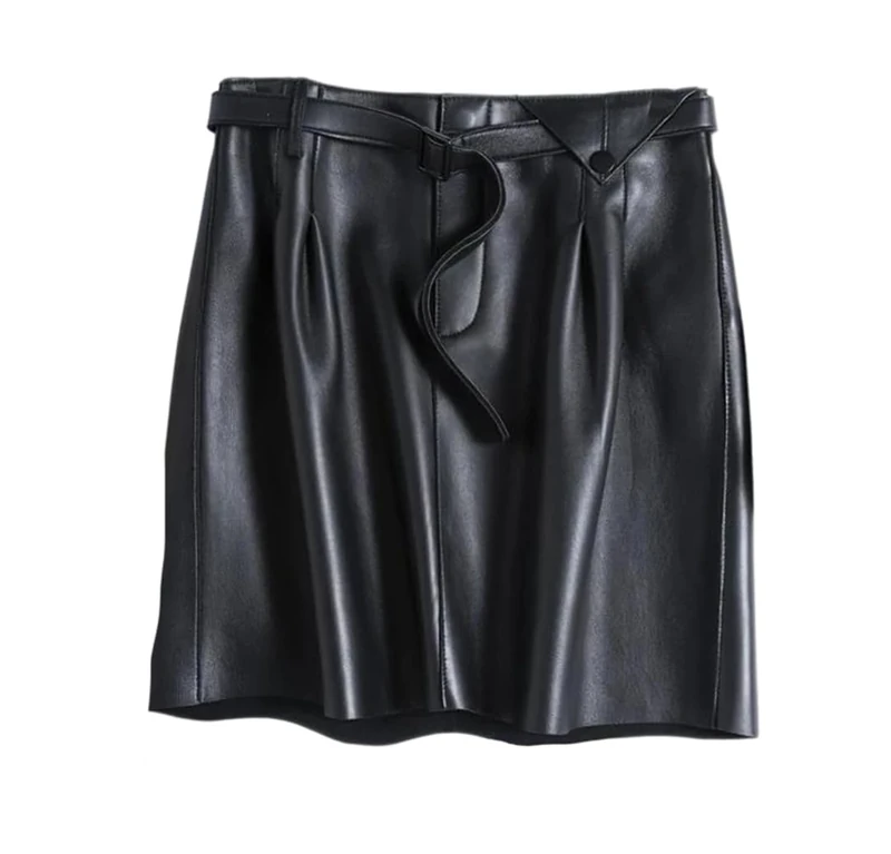 Women Genuine Leather Sexy Skirt Spring High-Waisted Buttoned Vintage A-Line Skirt with Belt Mini Skirts Black