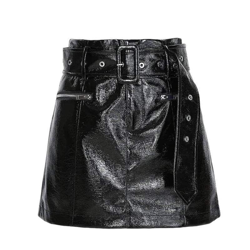 Women Genuine Leather Mini Skirt with Sheepskin High Waist Belt Vintage Spring Fall A-Line Skirts Black