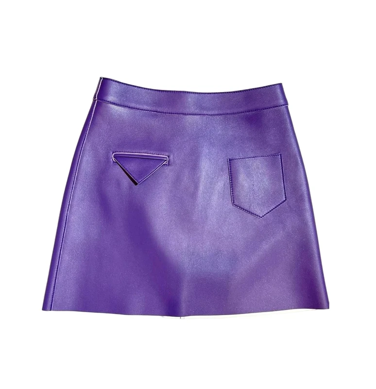 Women Solid Sheepskin Skirt Mini Genuine Leather A-Line Skirts Spring Fall Dark Purple