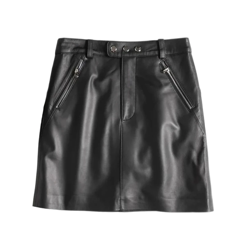 Women Sexy Genuine Leather Mini Skirt Spring Fall High Waist Button Vintage A-Line Skirts Black