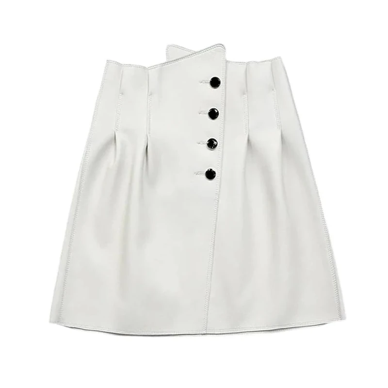 Women High-Waisted Short Skirt with Pleated Buttons Sexy A-Line Mini Skirts White