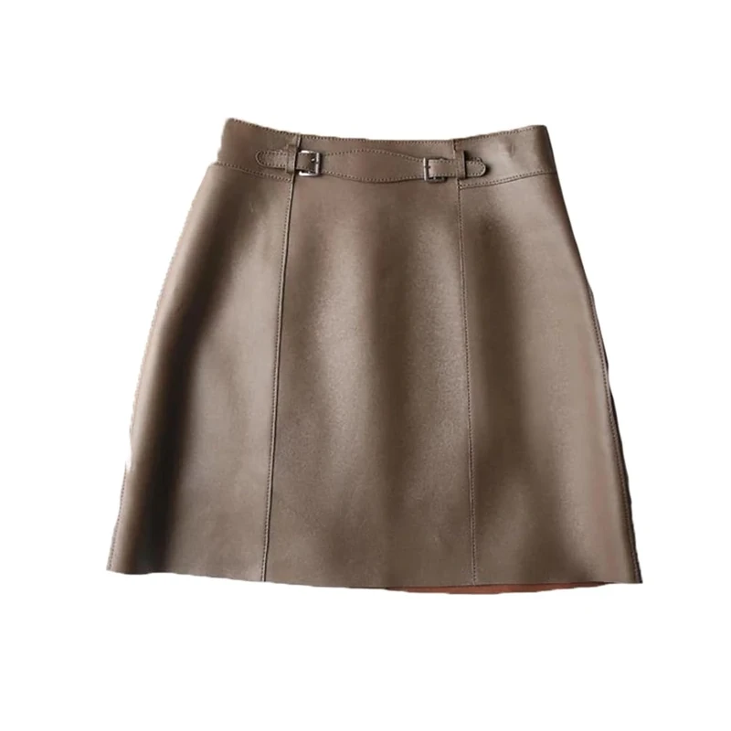 Women Genuine Leather Sexy Mini Skirt Spring High-Waisted Vintage A-Line Skirt with Buttons Skirts Coffee