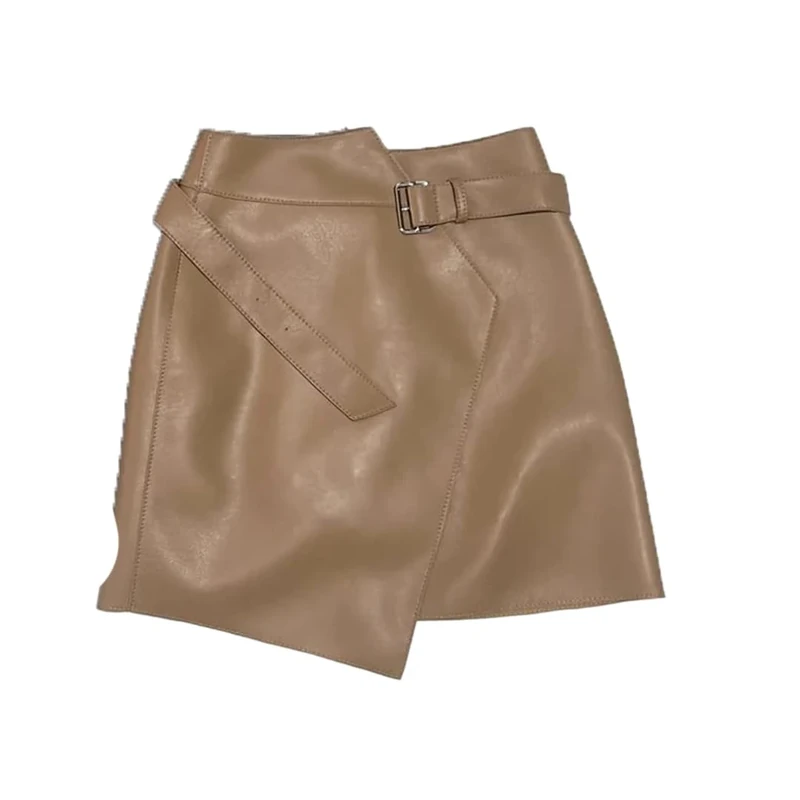 Women Genuine Leather Sheepskin Belted Sexy Mini Skirt Spring Fall Skirts Brown