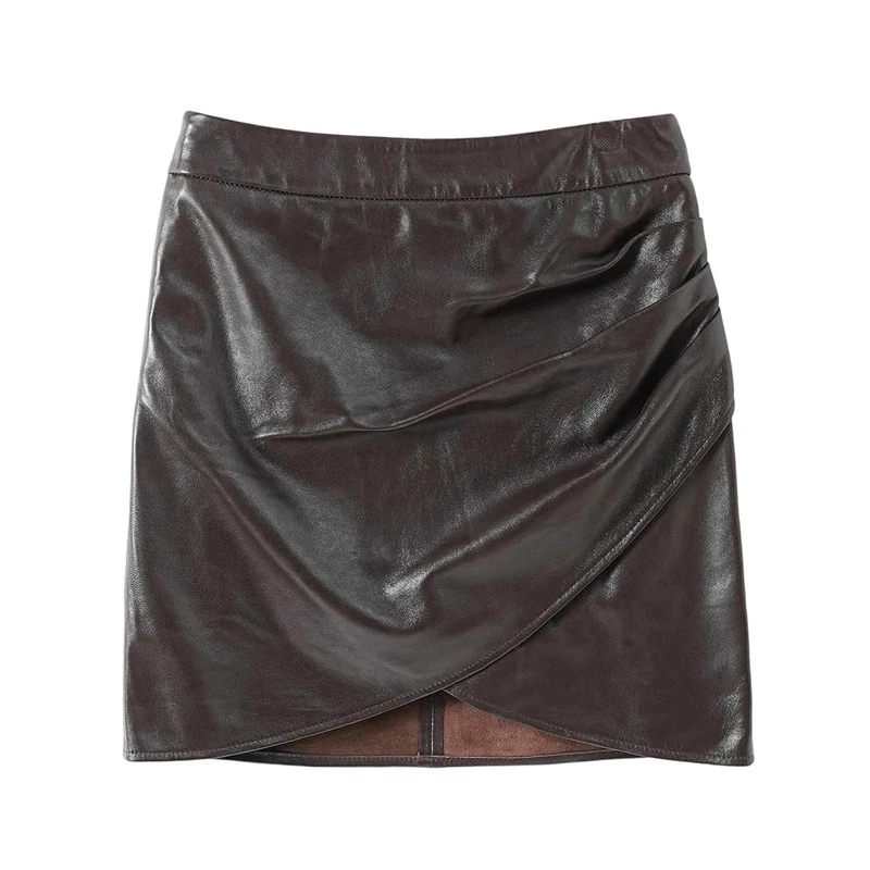 Women Genuine Leather Mini Skirt Short Sexy Sheepskin Front O-Line Pleated Mini Skirts Dark Brown