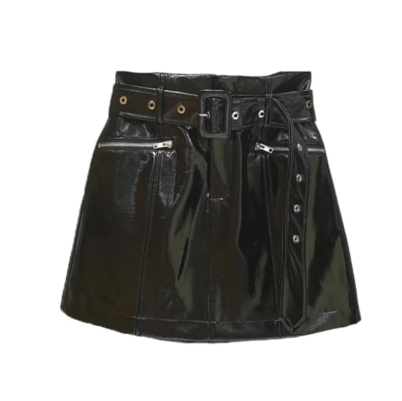 Women Genuine Leather Skirt with Belt Zipper Mini Skirts Spring Fall Black