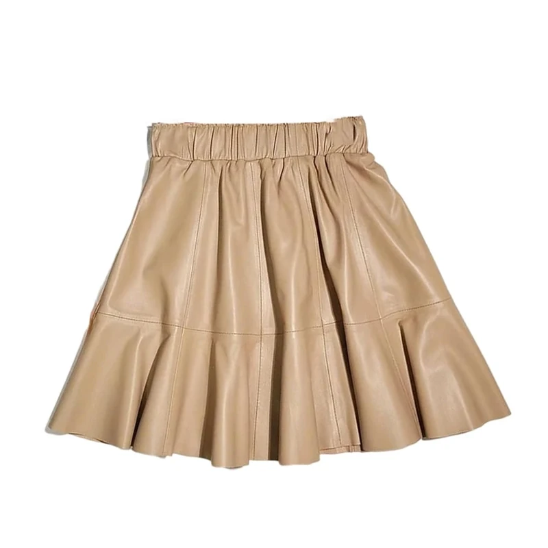 Women's Genuine Leather Skirts Elastic Waist Slim Fit Sheepskin Pleated Mini A Line Skirt Khaki