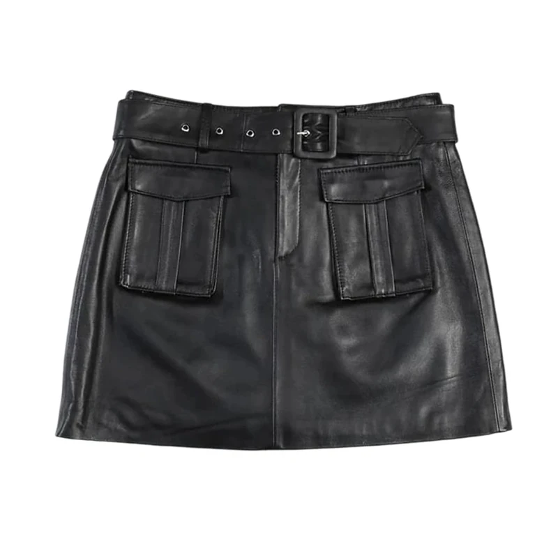 Women's Genuine Leather Mini Skirts Large Pockets Belted Spring Fall Black