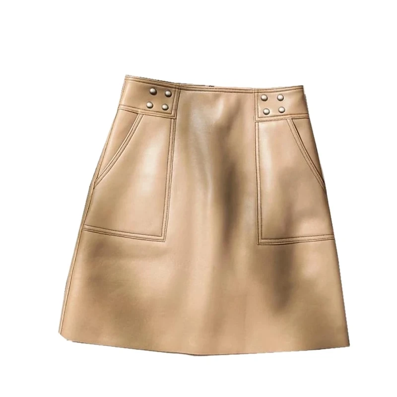 Women Genuine Leather Mini Skirt High Waist Back Zipper Pocket Skirts Fall Khaki