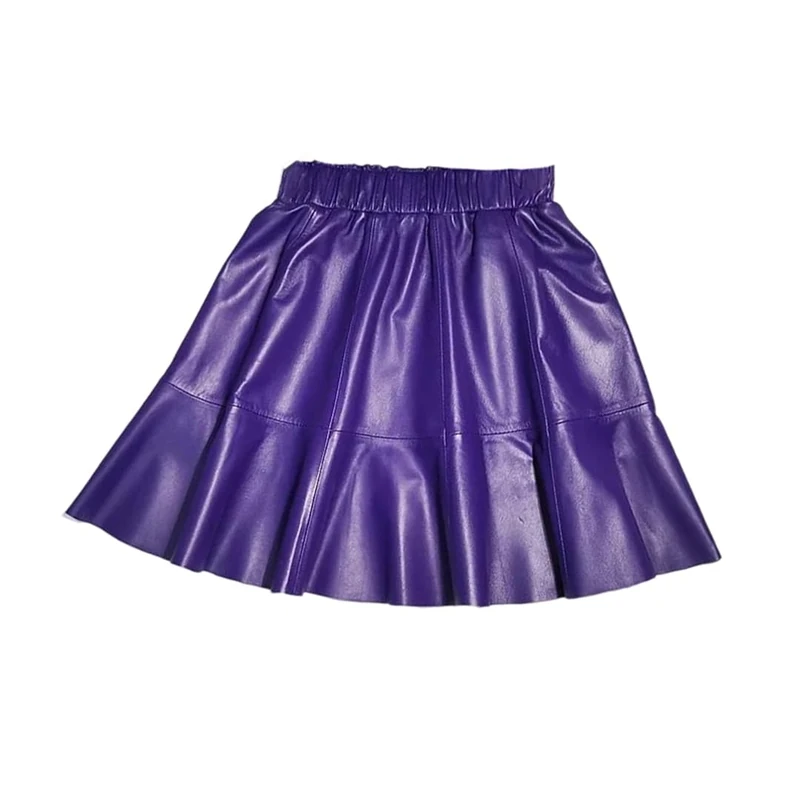 Women's Genuine Leather Skirts Elastic Waist Slim Fit Sheepskin Pleated Mini A Line Skirt Purple