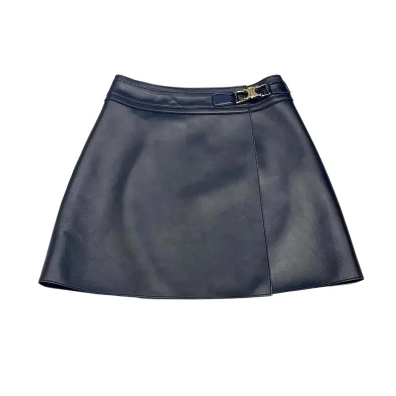 Women Genuine Leather Skirt High-Waisted Wrap with Side Slits Mini Skirts Black