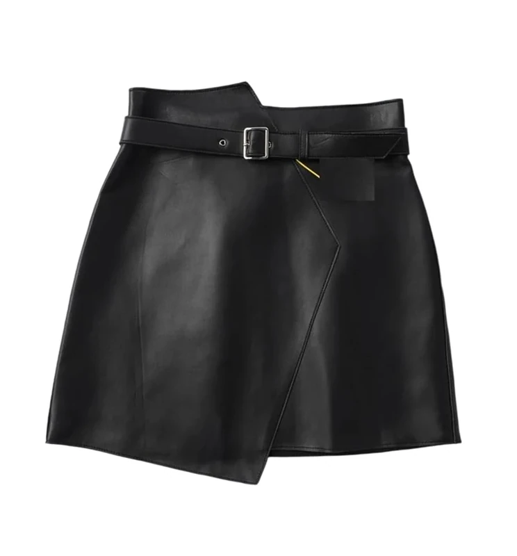 Women Genuine Leather Mini Skirt High Waist Spring Sheepskin Mini Skirts Black
