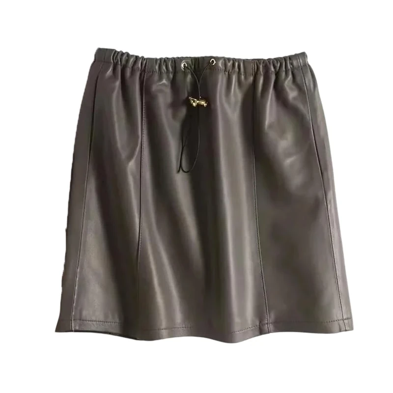 Women's Genuine Leather Skirts Simple Casual Slim Fitting Sheepskin Mini Skirt Elastic Waist Drawstring Dark Gray