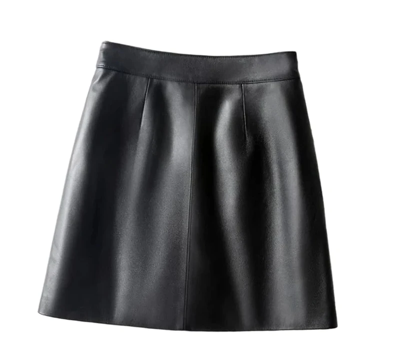 Women Genuine Leather Skirt Fall High Waist Simple Mini A-Line Skirts Black