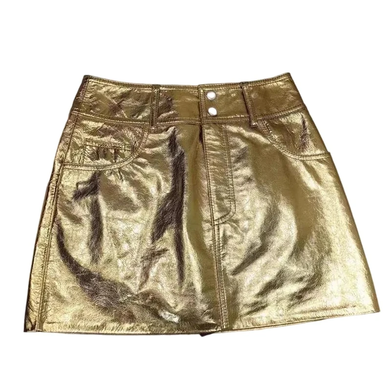 Women's Sexy High Waisted A Line Sheepskin Mini Skirts Spring Fall with Wrap Waist Gold