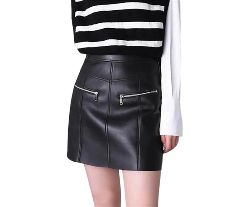 Women's Sexy Leather Skirts Soft Sheepskin High Waisted Slim Fit Mini Skirt with Zipper