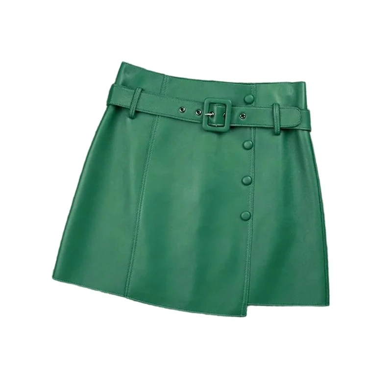 Women's Genuine Leather Mini Skirts Asymmetrical with Belt