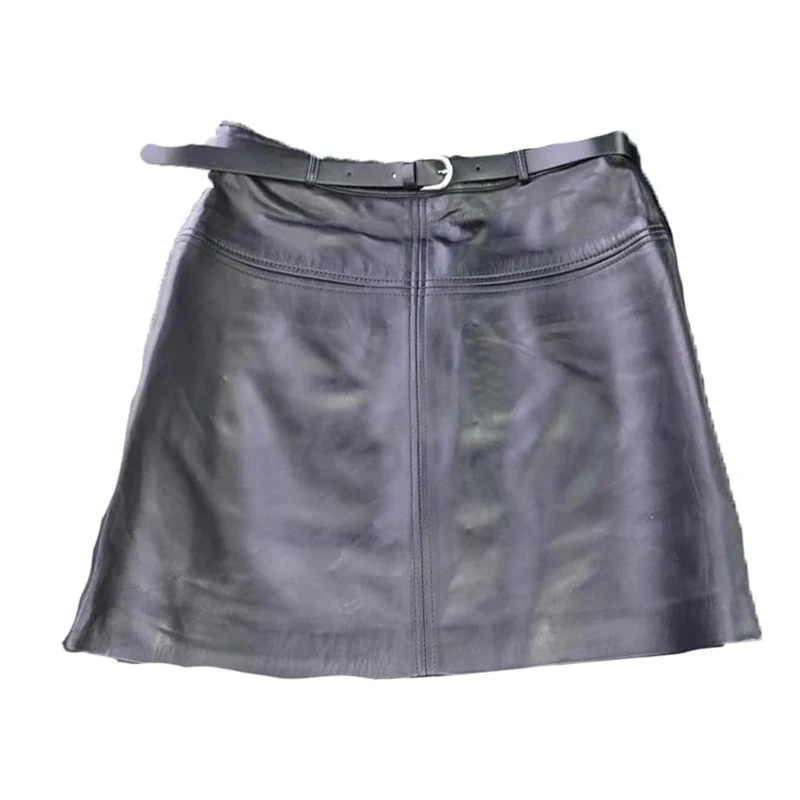 Women Genuine Leather Skirt Mini with Belt Skirts Fall Winter Black