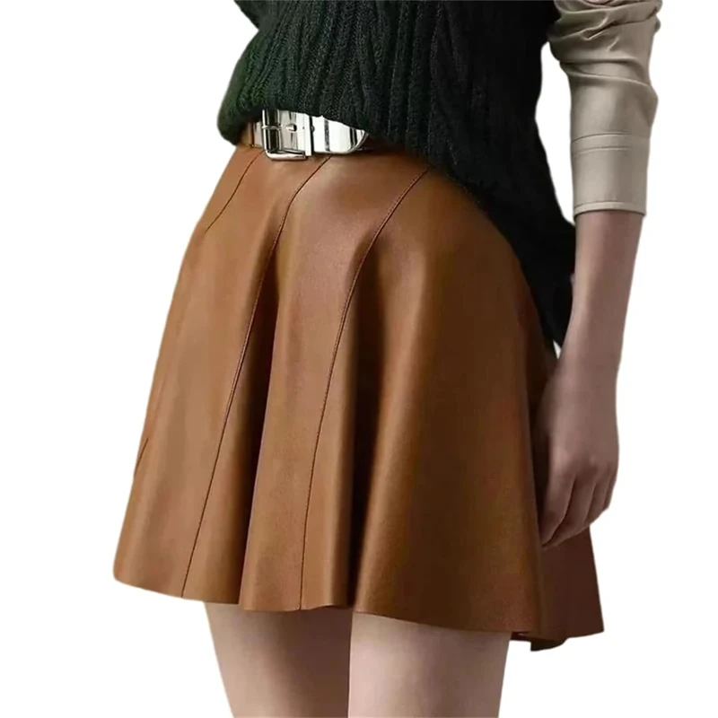Women Genuine Leather Mini Skirt A-Line Ruffled Skirts