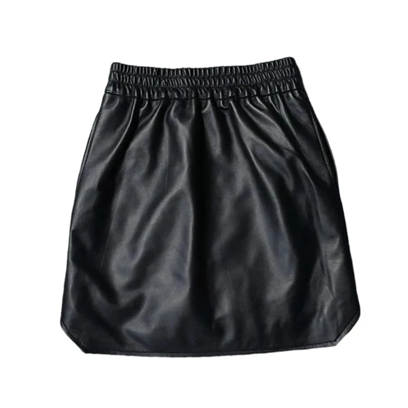 Women Genuine Leather Skirts Simple and Casual Elastic Waist Pocketed Hip Wrap Mini Skirt Spring Fall Black