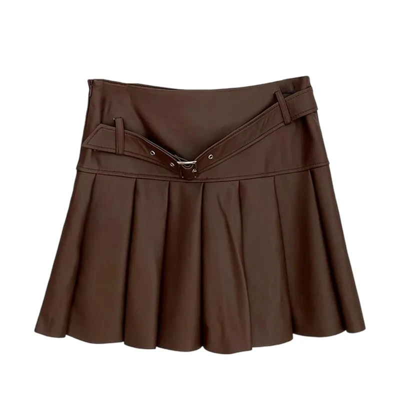 Women's Genuine Leather High Waisted Pleated Skirts Slim Fitting Belted Mini Sheepskin Skirt Deep Brown