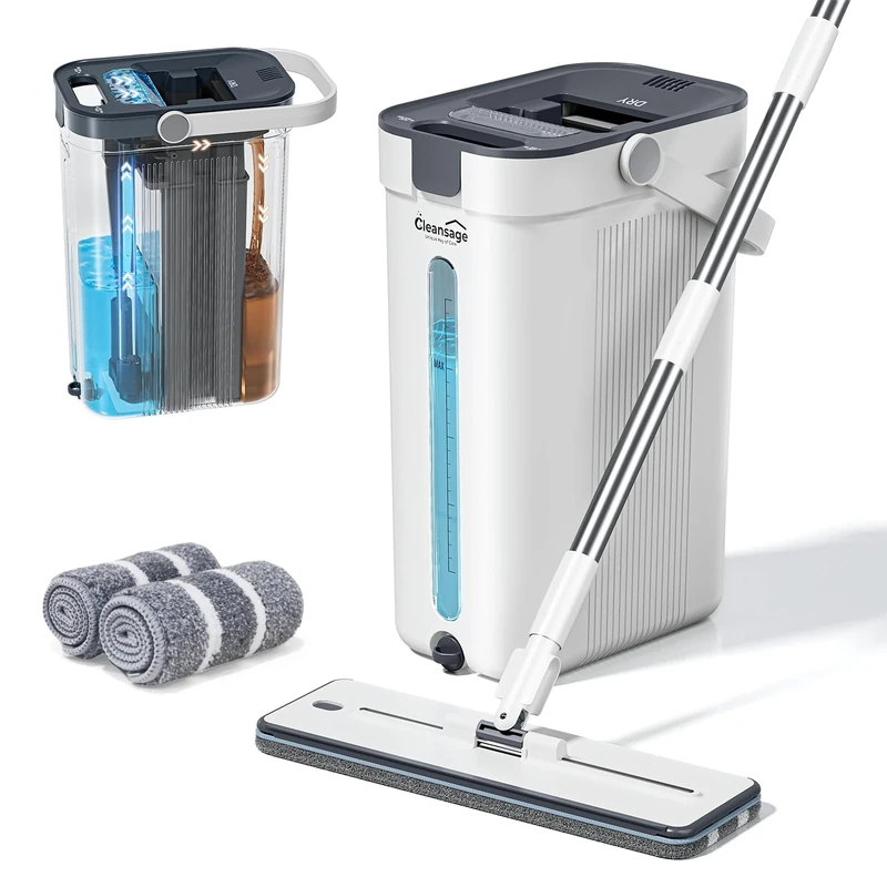 Cleansage® HydraPro Flat Mop and Bucket Set – True Clean/Dirty Water Separation System with 3 Microfibre Heads, 360° Swivel, Edge Squeegee, Floor Tiles Glass Wall Cleaner Mop for Residential & Offices