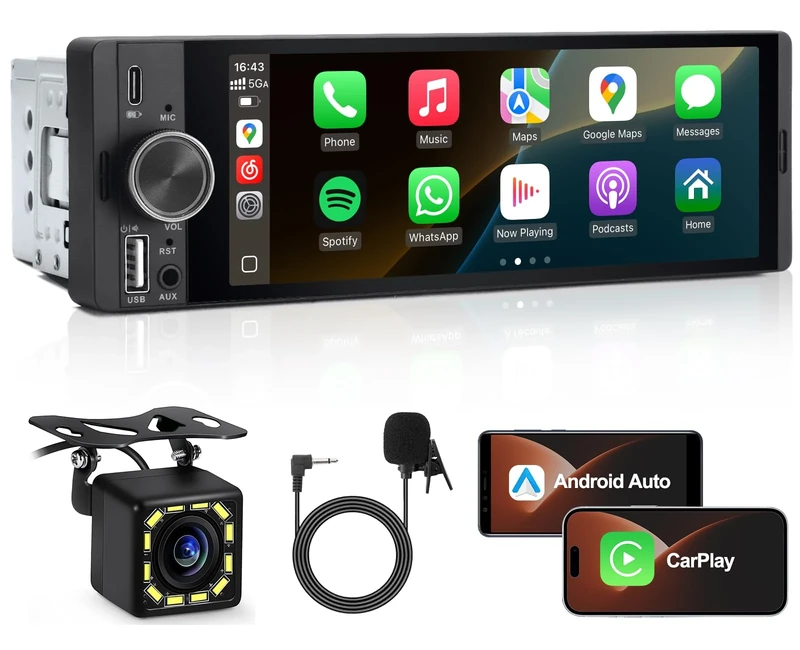 MRSXWPY Single Din Car Stereo, 1 Din Car Radio with Wireless CarPlay & Android Auto, 6.36" Head Unit with Backup Camera, Voice Control, Mirror Link, FM, Bluetooth Hands-free Calling, SWC, EQ, Type-C