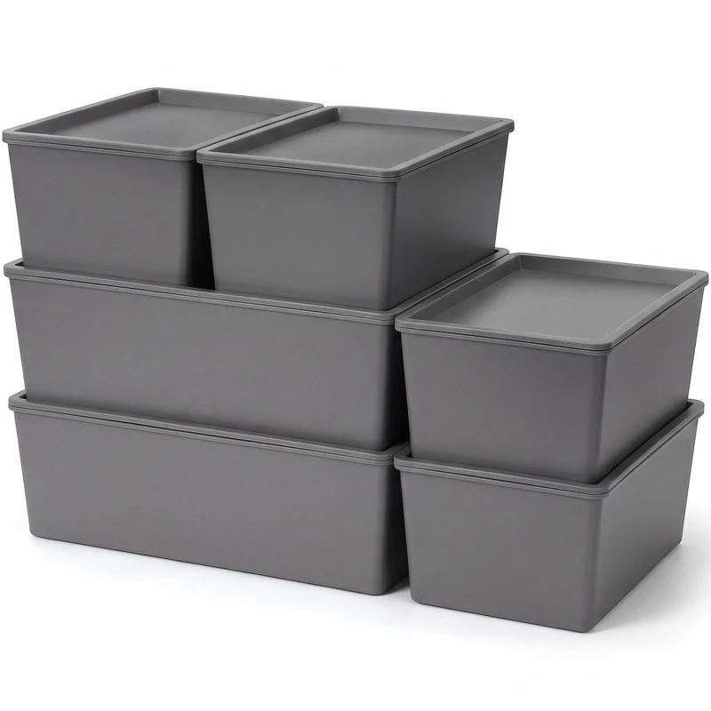 Menkxi 6 Pcs Plastic Storage Bins with Lids Stackable Storage Containers Durable Box Baskets for Organizing Shelves Playroom Classroom Office (Large and Small,Grey)