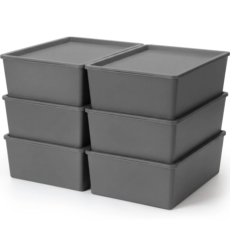 Menkxi 6 Pcs Plastic Storage Bins with Lids Stackable Storage Containers Durable Box Baskets for Organizing Shelves Playroom Classroom Office (Large,Grey)