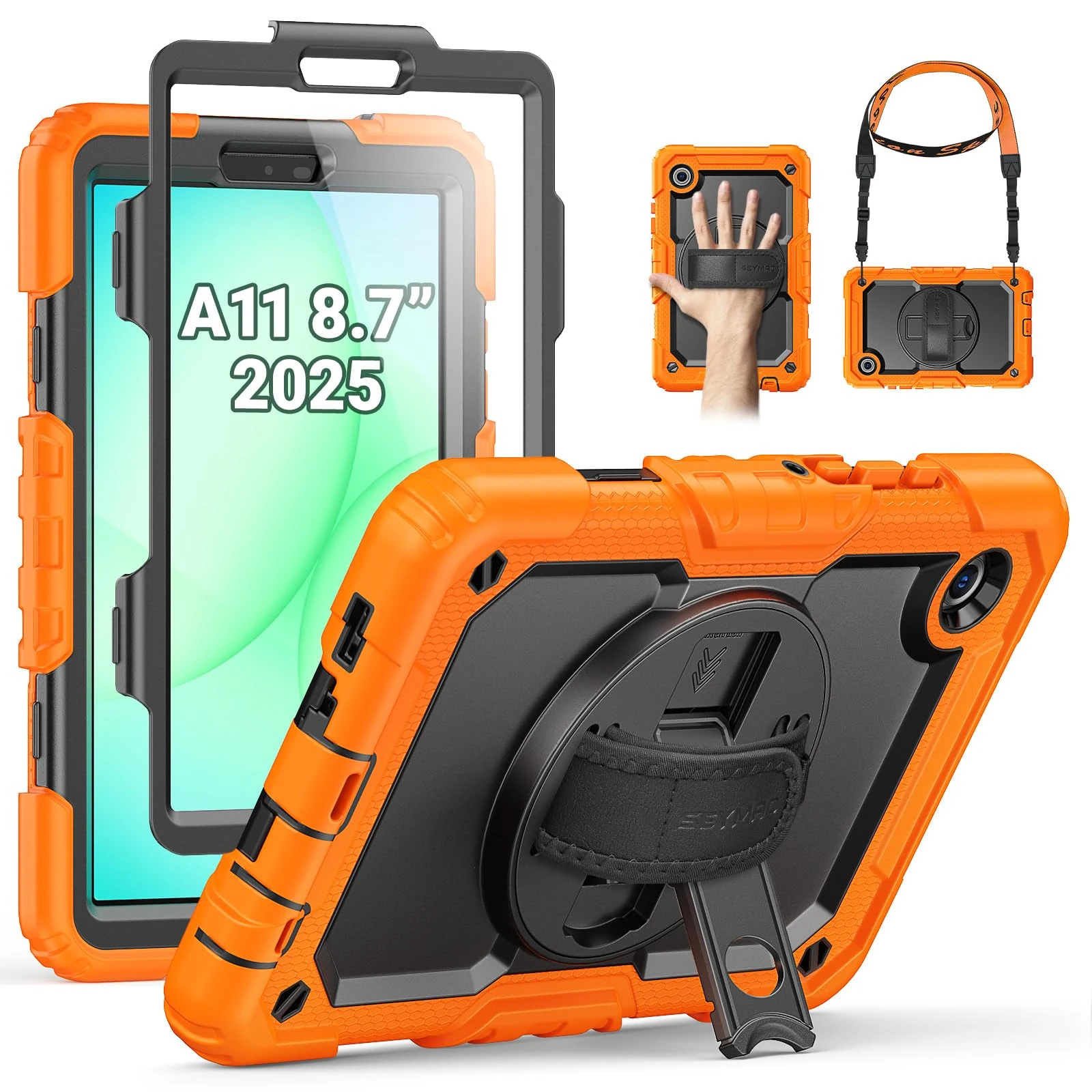 SEYMAC Case for Samsung Galaxy Tab A11 (2025) 8.7 inch, Shockproof with Screen Protector, Hand Strap & Rotating Stand, Shoulder Strap, Protective Case for Samsung A11 Tablet, SM-X130/X133/X135-Orange