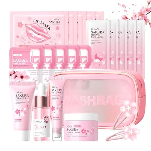 21 Piece Japan Sakura Skin Care Set for Teenagers, Sakura Face Care Set, Moisture Skincare, Anti-Ageing Face Care Set, Gift Teenager Girls, for Teenage Girls and Women