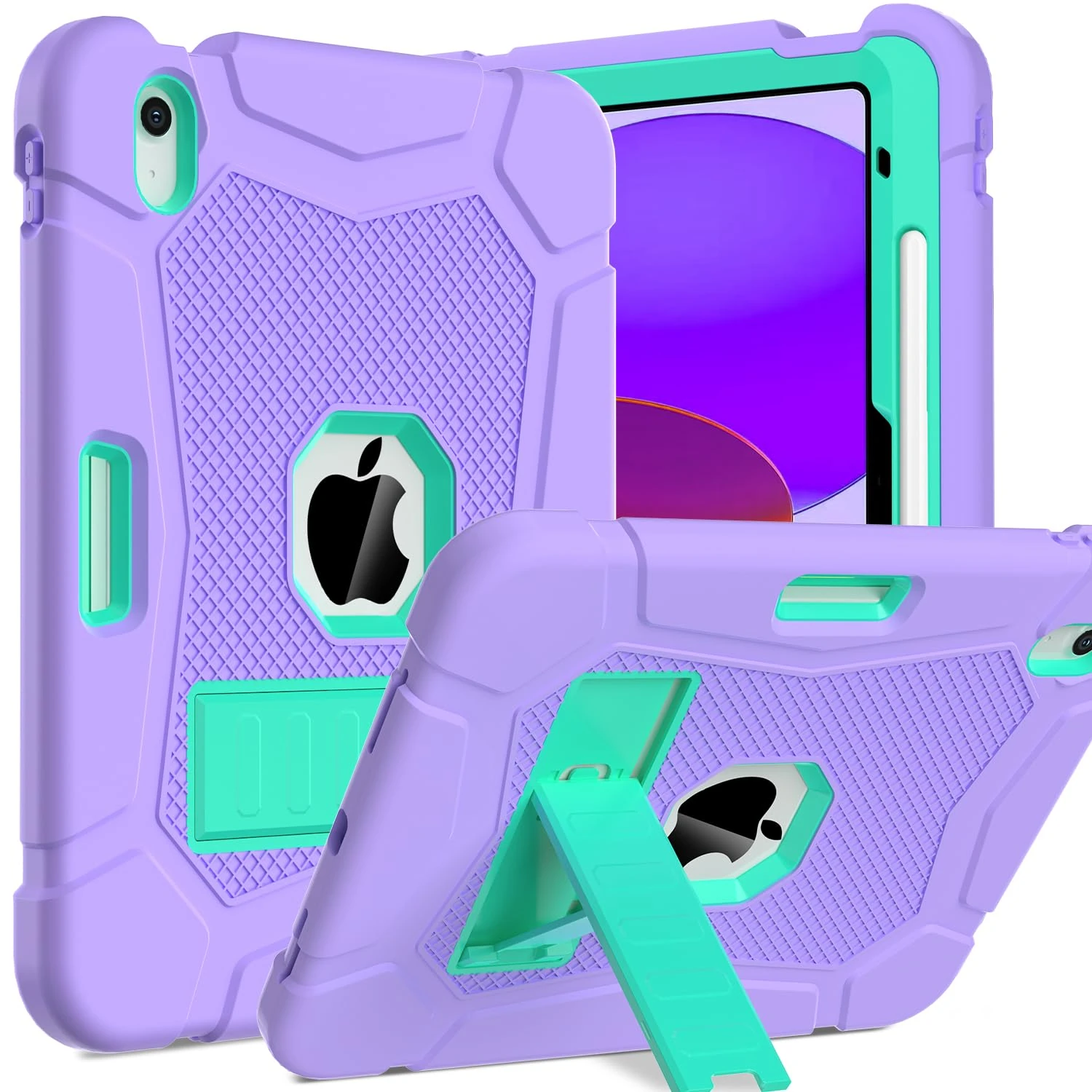 TOPWANT Case for iPad (A16) 11th Generation 11 inch 2025/10th Generation 10.9 inch 2022, Shockproof Rugged iPad 11th/10th Generation Case with Kickstand & Pencil Holder, Purple and Turquoise