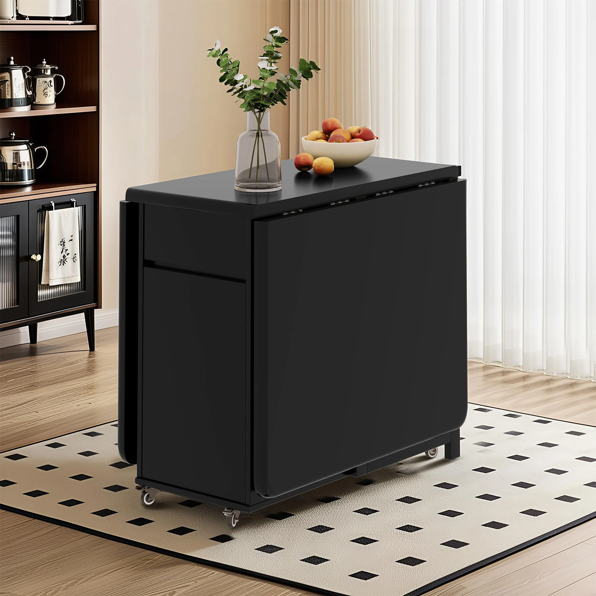 Hearthform Extending Dining Table with 2 Drawers & Castors, Space Saving Folding Table for Compact Living, Black Solid Wood Kitchen Desk for Flats & Small Spaces (150CM)（Without Chairs）