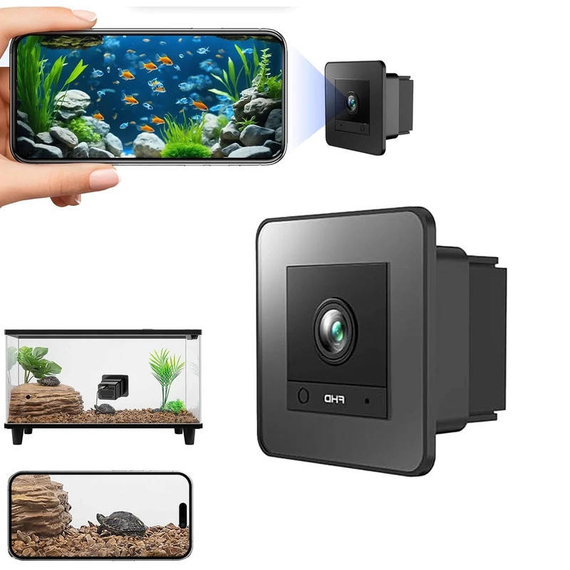 2K HD Aquarium & Terrarium WiFi Pet Camera, 140° Wide-Angle Anti-Glare & Anti-Reflection, AI Motion Detection, for Fish Reptiles Window Security Monitoring, 24/7 Recording (Black)
