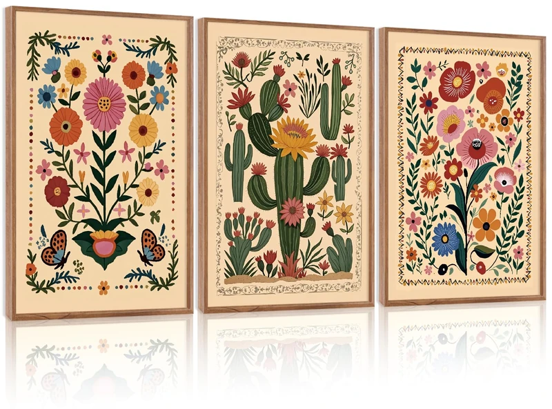 HLNIUC Vintage Flower Framed Canvas Wall Art,Colorful Desert Cactus Flowers Wall Decor Set of 3(24”x36”) Botanical Floral Butterfly Wall Painting,Large Desert Plant Art Print for Living Room,Office
