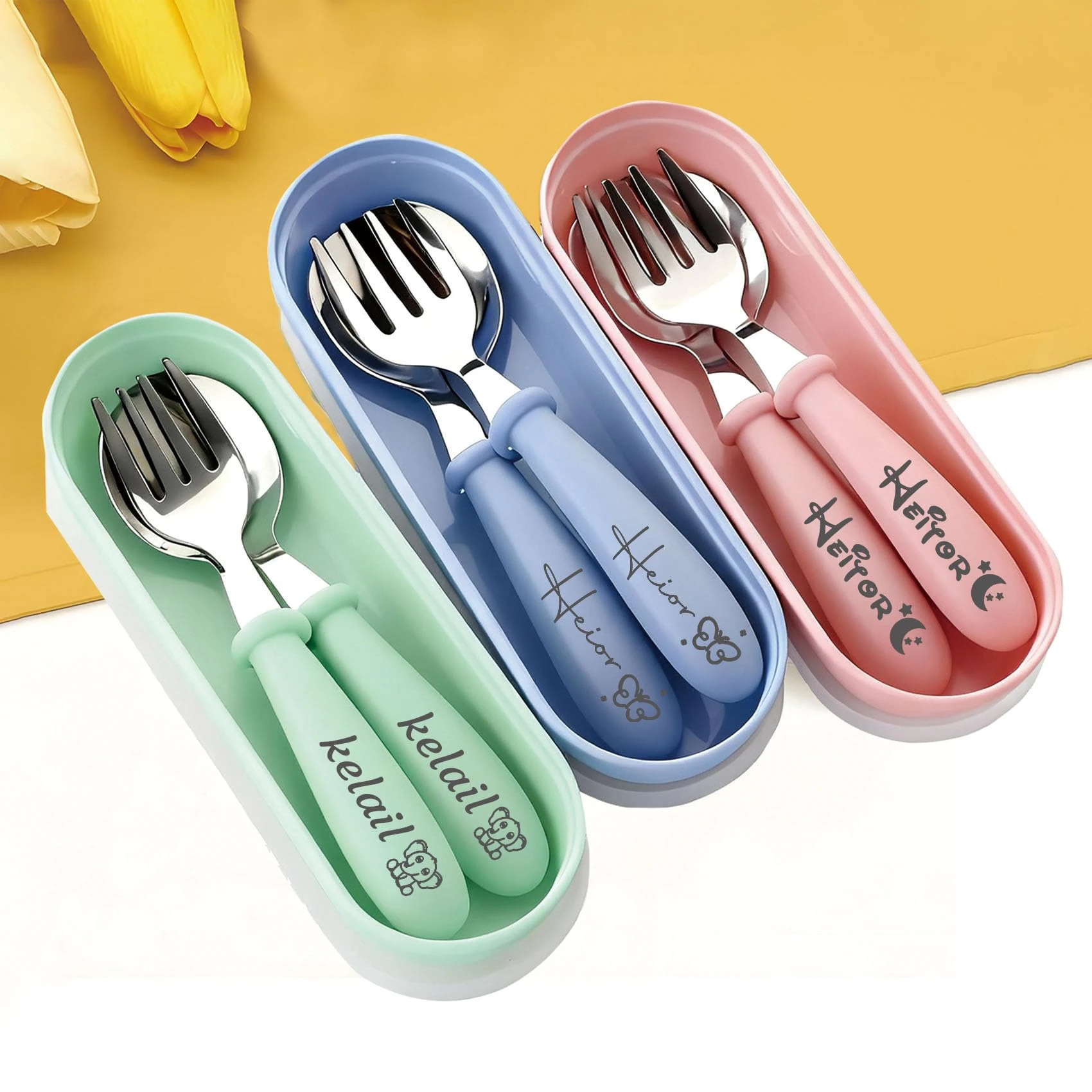 Personalised Cutlery,Customizable Names and Patterns,Stainless Steel Tableware,Pink, Green, Blue,20 Patterns are Available,Gifts for Boys and Girls.