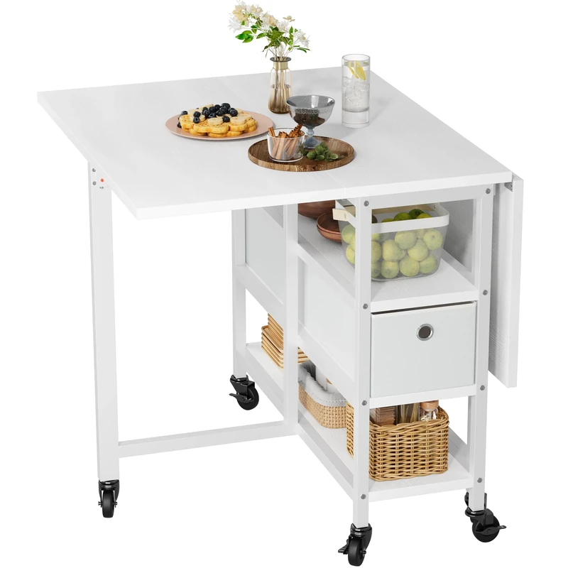 YITAHOME Folding Dining Table for 4-6, Mobile Drop Leaf Table with 6 Wheels & Storage Drawers for Small Spaces, Kitchen, Dining Room, White