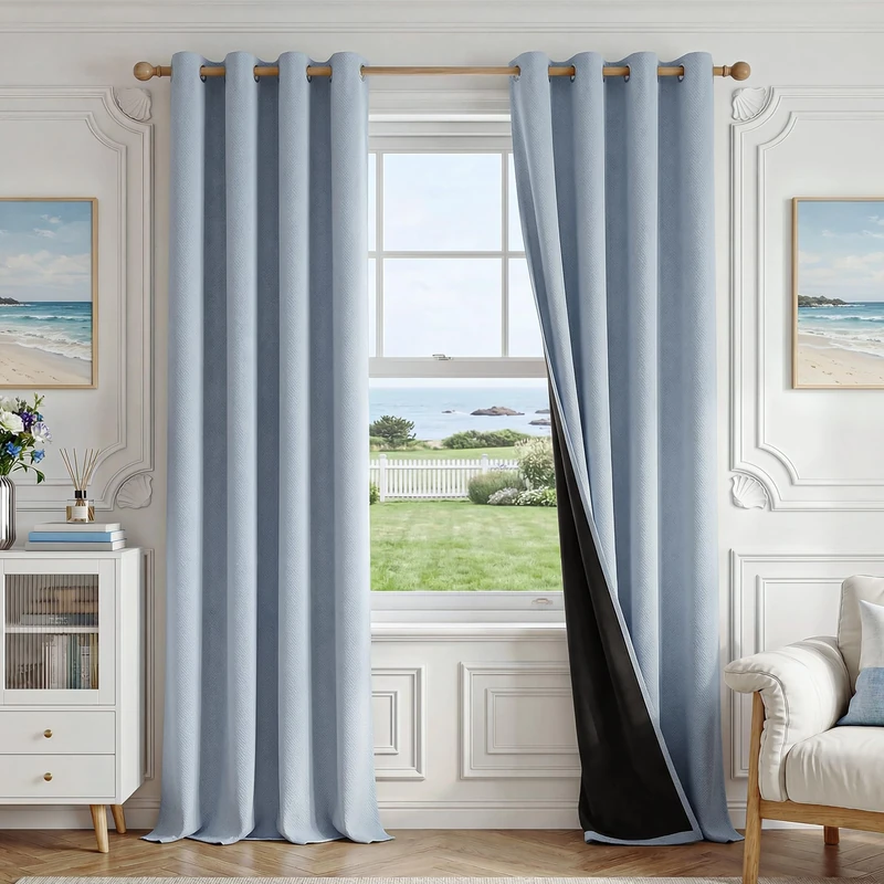 FMFUNCTEX 100% Blackout Smoky Blue Curtains 96 Inch Grommet Drapes 2 Panels