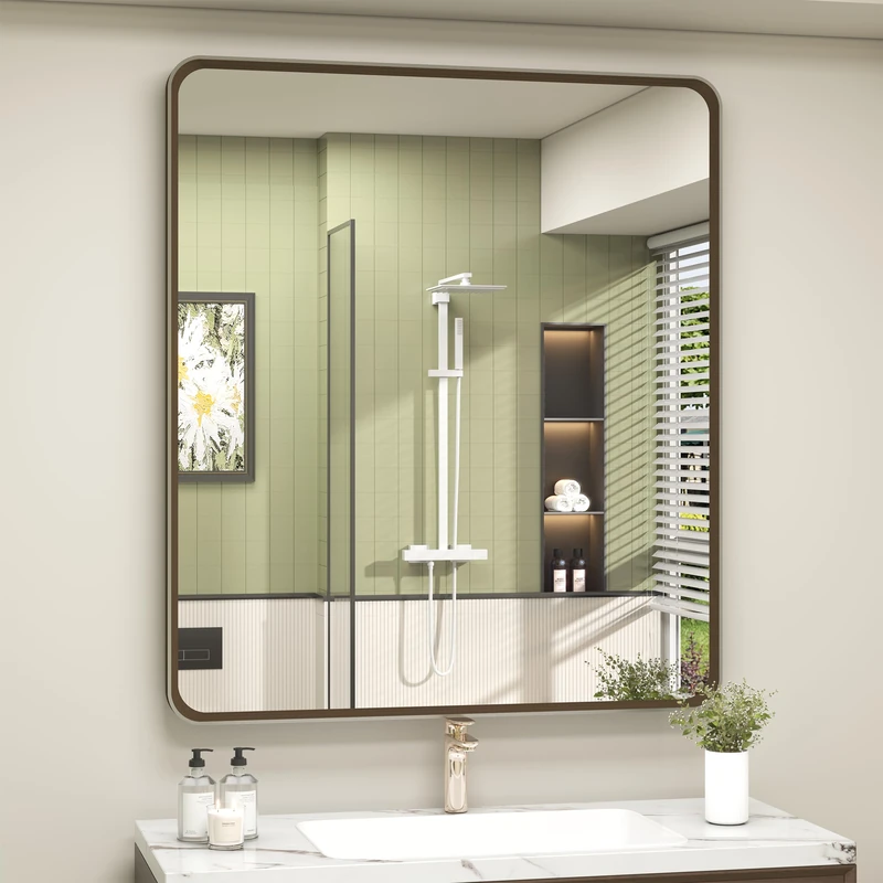 okpal 28x32 Bronze Bathroom Mirror Over Sink, Brushed Bronze Vanity Mirror, Rounded Bronze Rectangle Mirror for Farmhouse, Anti-Rust, Wall Mounted (Horizontal/Vertical)